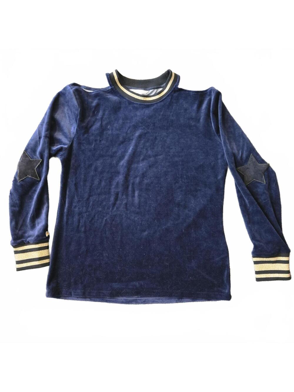 C&C California Women's Navy Blue Velvet Long Sleeve Top with Star Elbow Patches,